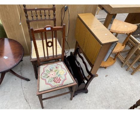 TWO MAHOGANY BEDROOM CHAIRS, A MAHOGANY MAGAZINE RACK, A FORMICA DROP LEAF DINING TABLE AND A PINE THREE TIER CORNER SHELF 