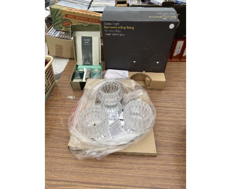 A BRAND NEW AND BOXED JOHN LEWIS 'TOLEDO' 3 GLASS DOME CEILING LIGHT TOGETHER WITH A NATUZZI LEATHER CLEANING KIT 