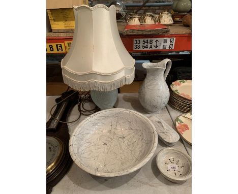 A GLASS BASED TABLE LAMP AND A VICTORIANBOWL AND JUG SET 