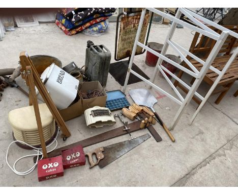 VARIOUS HARDWARE - ENAMEL BREAD BIN, CLOTHES MAIDEN, ARTIST'S EASEL, OXO TINS, TWO HEATERS, SHOE STRETCHERS ETC 