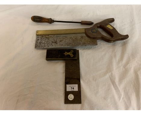 THREE VINTAGE TOOLS TO INCLUDE A SAW AND SET SQUARE 