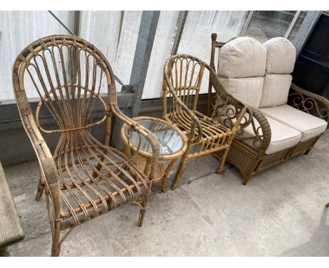 FOUR WICKER CONSERVATORY ITEMS - TWO ARMCHAIRS, A TABLE AND A TWO SEATER SOFA 