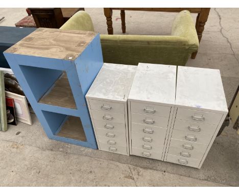 THREE MINIATURE METAL FILING CABINETS AND A WOODEN SHELF UNIT 