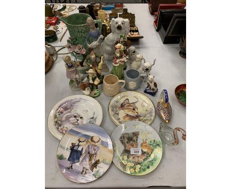 VARIOUS CERAMIC ITEMS TO INCLUDE LADIES, STAFFORDSHIRE SPANIELS, CAT PLATES ETC 