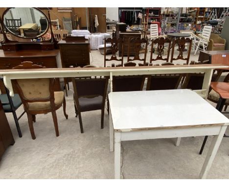 A PAINTED PINE KITCHEN TABLE AND A PAINTED PINE SHELF 