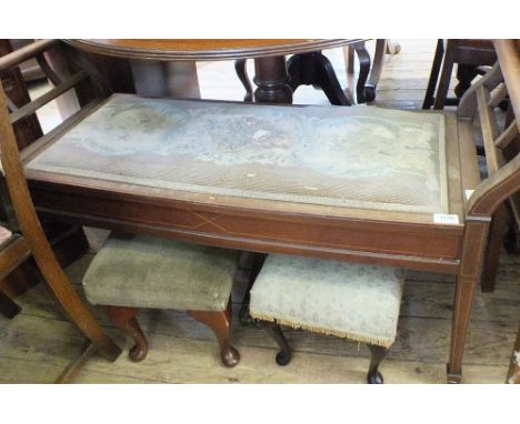 An Edwardian Mahogany tapestry upholstered duet stool and two small cabriole leg stools