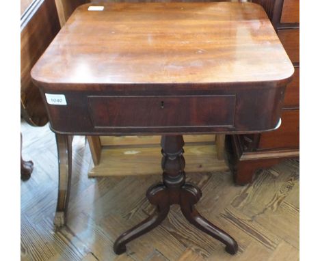 A Victorian Mahogany single drawer work table on carved column and tripod support