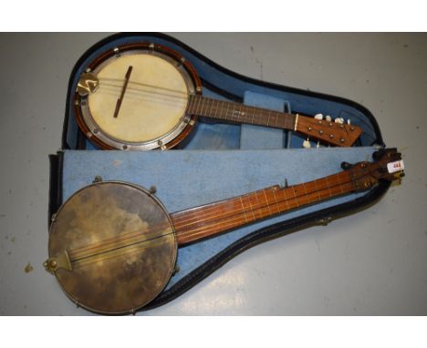 A traditional madolin banjo, probably early 20th Century , in semi hard case and a similar vintage 5 string banjo ukulele , n
