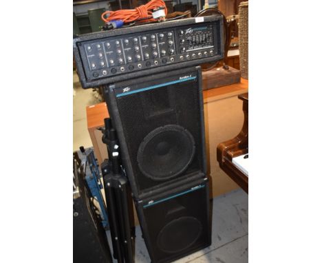 A Peavey XR500C mixer amp, pair of Eurosys 2 speakers and speaker stands