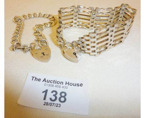 Two hallmarked silver chain bracelets with padlock fasteners, one a gate link version. Combined weight approx 35g