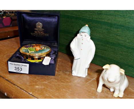 Royal Worcester "Toddie" candle snuffer figurine, Belleek pig and Royal Worcester "Castles in the Air" pill box