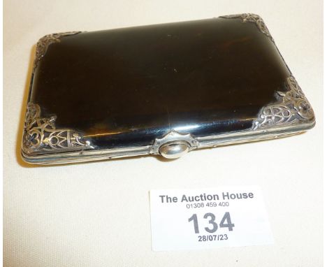 Arts and Crafts or Aesthetic movement tortoiseshell card case or cigarette box with fine silver decoration, and push button o