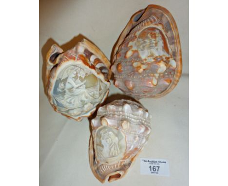 Three carved cameo conch shells, one as a light shade