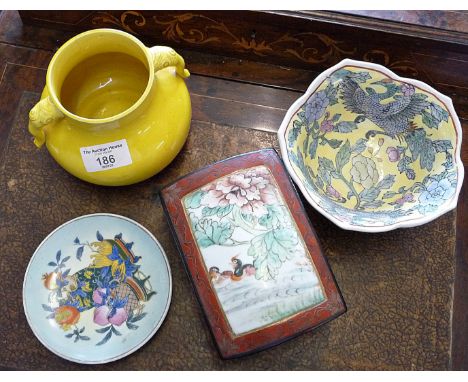 Chinese lacquer box with porcelain panel to lid and three other Chinese pieces