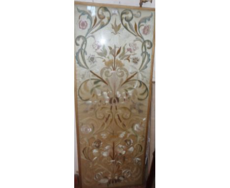 Large framed Art Nouveau silkwork panel of foliage and birds, 68" x 26"