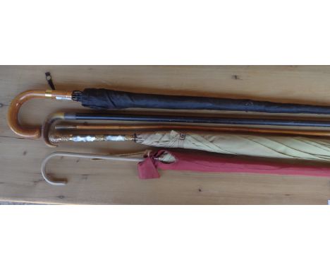 Gent's vintage umbrella with yellow metal collar, Edwardian parasol with mother-of-pearl handle, swagger stick, horn handled 