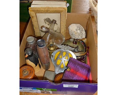 Assorted items, inc. hip flasks, snuff box, AA enamel badge, Trench Art ash tray, etc.