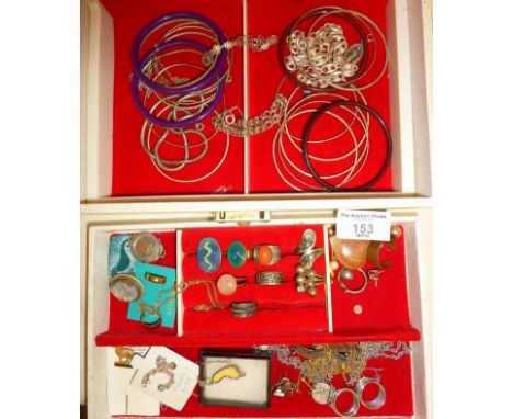 Jewellery box with vintage contents, inc. silver bracelets, cameo brooch, retro rings, etc.