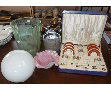 Large green glass vase, a Swarovski Crystal leaping dolphin, a satin glass dish, a ceiling light and a cased Continental porc