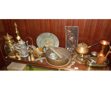 Brass jam pan with thermometer and other brassware