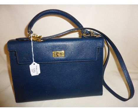 Vintage designer navy blue Kelly style leather handbag, marked as HERMES. Measuring approx. 32cm base length