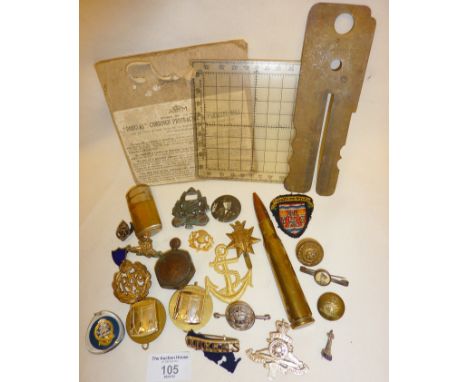 WW1 and WW2 badges, trench art and victory lighter, Air Ministry brass button stick, etc, (please note this lot cannot be pos