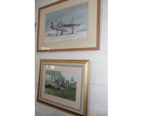 Watercolour of an English Electric Lightning fighter jet by John Bird, together with a watercolour of crashed Army gliders by