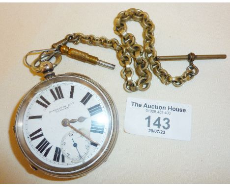 Antique hallmarked silver fusee pocket watch, dial marked as Hutchings Ltd., Cardiff with white metal Albert chain