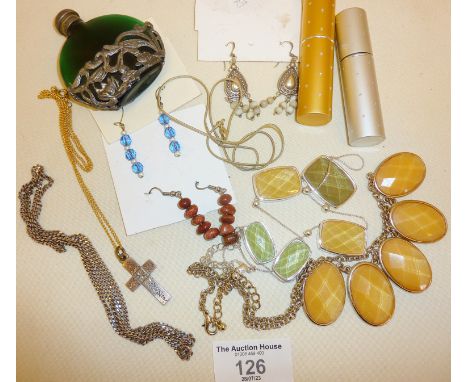 Costume jewellery, perfume atomisers, a silver crucifix and a silver curb chain necklace