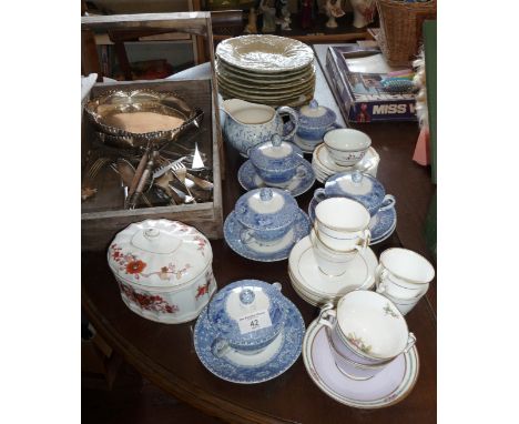 Spode Camilla chocolate cups, Copeland and Garrett teacups, other china and a wooden trug with quantity of silver plated cutl