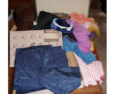 Vintage clothing: Suitcase containing various 1970s blouses and nightie, shot silk items including a navy 50s skirt suit in a