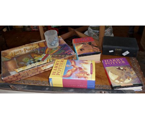 Harry Potter Mystery at Hogwarts game, a Scabbers frosted tumbler and four Harry Potter books including First Editions