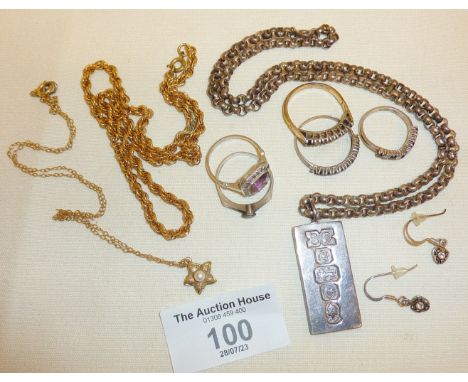 Heavy silver belcher chain necklace and ingot pendant (approx 34g), silver rings and other vintage jewellery