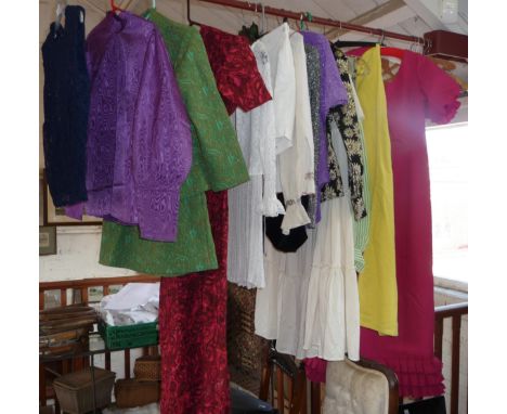 Vintage clothing: 1970s dresses including a maxi, lurex and lace blouses, yellow "Old Smuggler" cord trousers, embroidered co