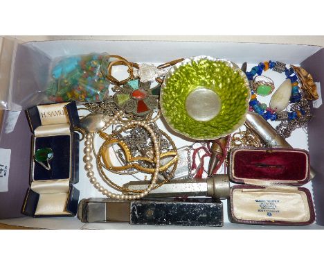 Box of assorted including vintage costume jewellery, part of an Air Ministry Kismet foot pump, lighter etc. (please note we c