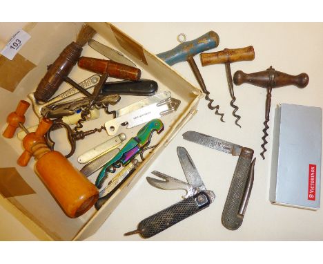 Assorted old corkscrews and penknives including a Boy Scout knife marked with the military arrow and "WILSON SHEFFIELD" (Plea