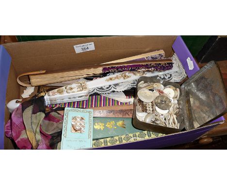 Vintage fans and tin of antique mother-of-pearl buttons (some tiny for doll's clothing)