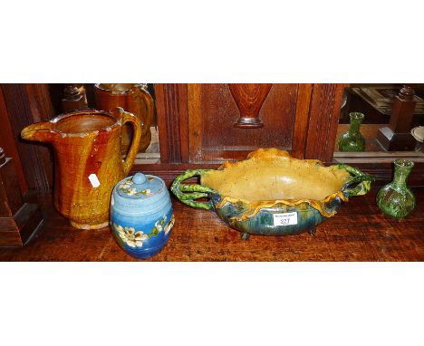 Early glazed pottery pitcher, Continental majolica dish, Devon Pottery tobacco jar and another