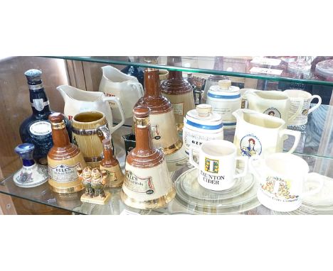 Wade Bell's Scotch Whisky bell shaped decanters (empty!), cider advertising mugs, Guinness Wade Tweedledum and Tweedledee fig