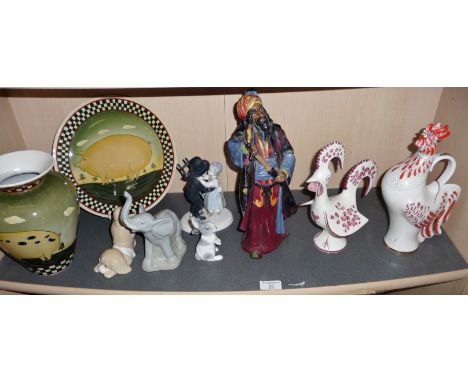 A Sarah Akin-Smith pottery vase and plate, Royal Doulton Bluebeard figure (A/F) a chicken wine bottle made in USSR and other 