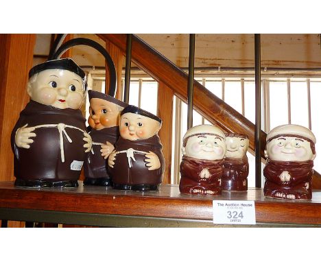 Set of three Goebel Hummel pottery monk jugs and a Weiss pottery condiment set
