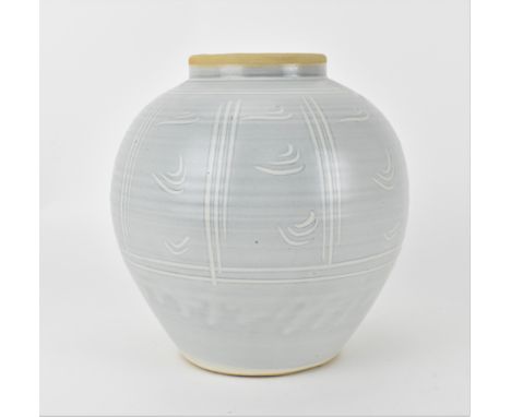 Eddie Hopkins (1941-2007) for Winchcombe Pottery, a large stoneware vase of bulbous form, light blue in colour with white dec