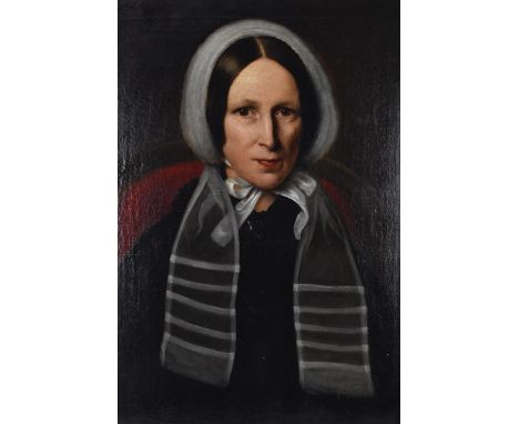 Victorian School, 19th centurya half length portrait of a seated lady, wearing a bonnet with black clothing, unsigned, oil on