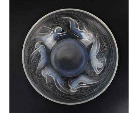 A René Lalique 1930s opalescent glass 'Ondines' pattern bowl, with 'R. LALIQUE' moulded mark to the side of the base, model n