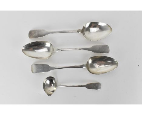 Three Georgian Irish silver tablespoons by Carden Terry and Jane Williams, Dublin 1819, all three in fiddle pattern with engr