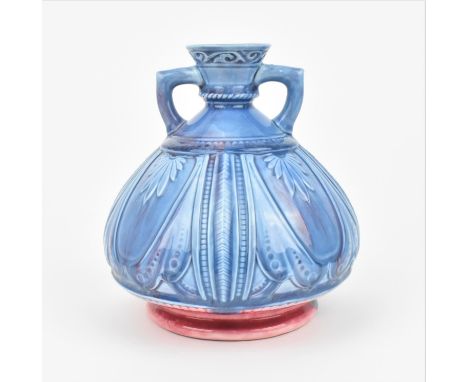 A Victorian Aesthetic style Royal Worcester vase, of bulbous form with blue and pink mottled glaze, decorated with stylised f