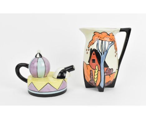 A Lorna bailey Old Ellgreave porcelain jug with a cottage and trees in the 'Chetwynd' pattern, together with a teapot of unus