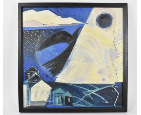 Eve Aspinwall (b. 1951) Americanmodernist style painting 'Blackbird', depicting a night scene with light shining from a house