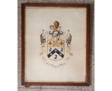 Very fine water colour of Irish family Coat of Arms C.1895 with Latin inscription "Malo Mori Quam Foedari". Ryan family inscr