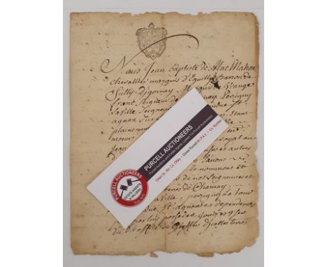 Historical rarity. Appointment document of Jean Baptiste de MacMahon chevalier marquis D’Equilly. 4 leaves folded. Manuscript